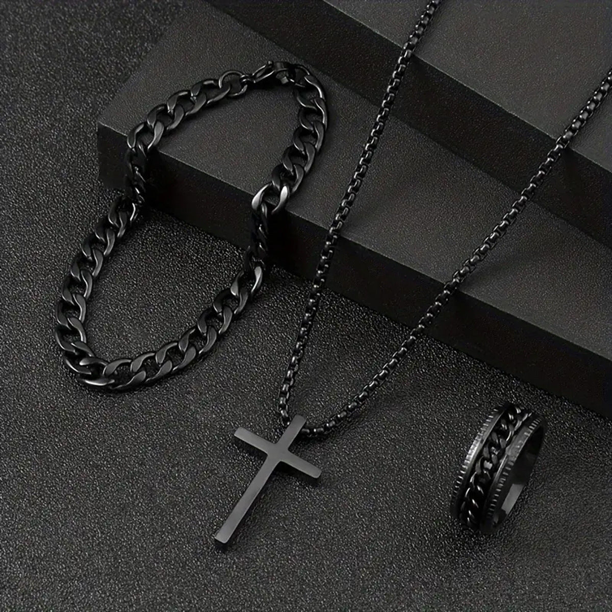 Men's Cross Necklace Ring Bracelet Suit