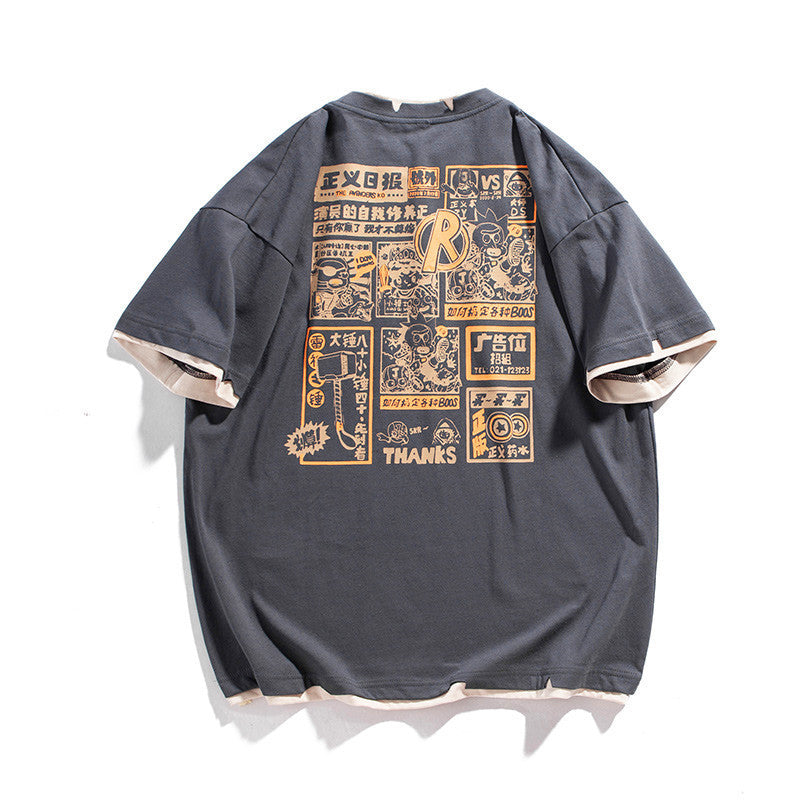 Newspaper Print On The Back Of Short Sleeve Round Neck Pullover