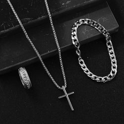 Image of Men's Cross Necklace Ring Bracelet Suit