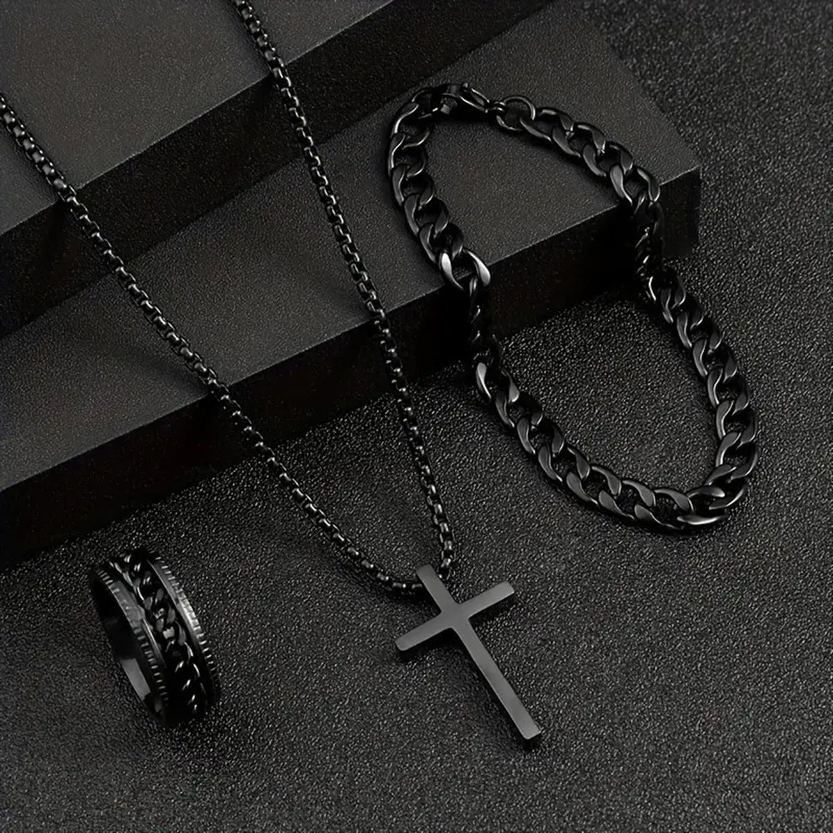 Men's Cross Necklace Ring Bracelet Suit