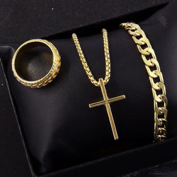 Image of Men's Cross Necklace Ring Bracelet Suit